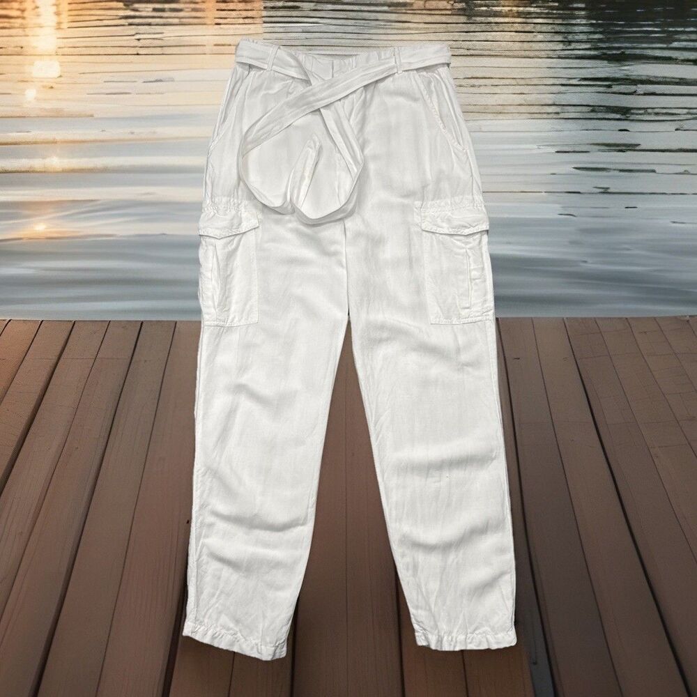 YFB Linen Blend Crop Ankle Pants S (29x25.5) White Belted High Waist Cargo Women